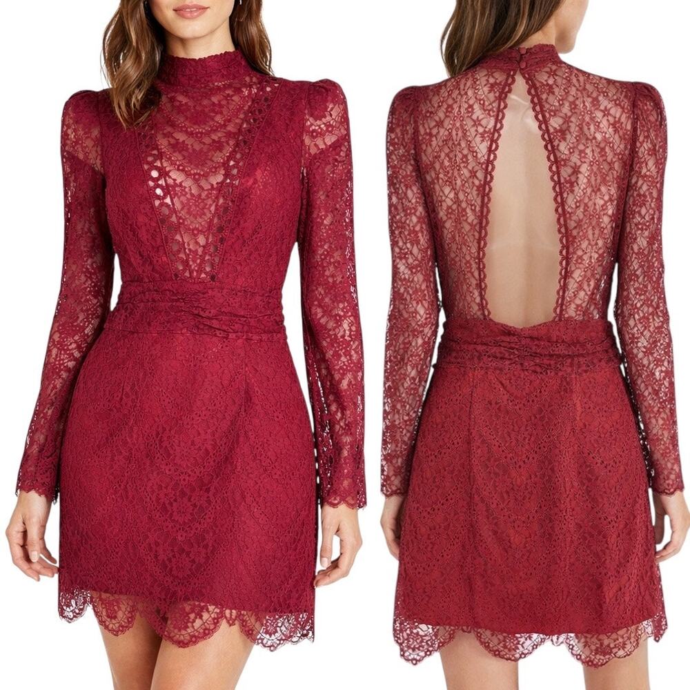 Saylor Celia Puff Shoulder Lace Mini Dress Russet Orange Size XS
